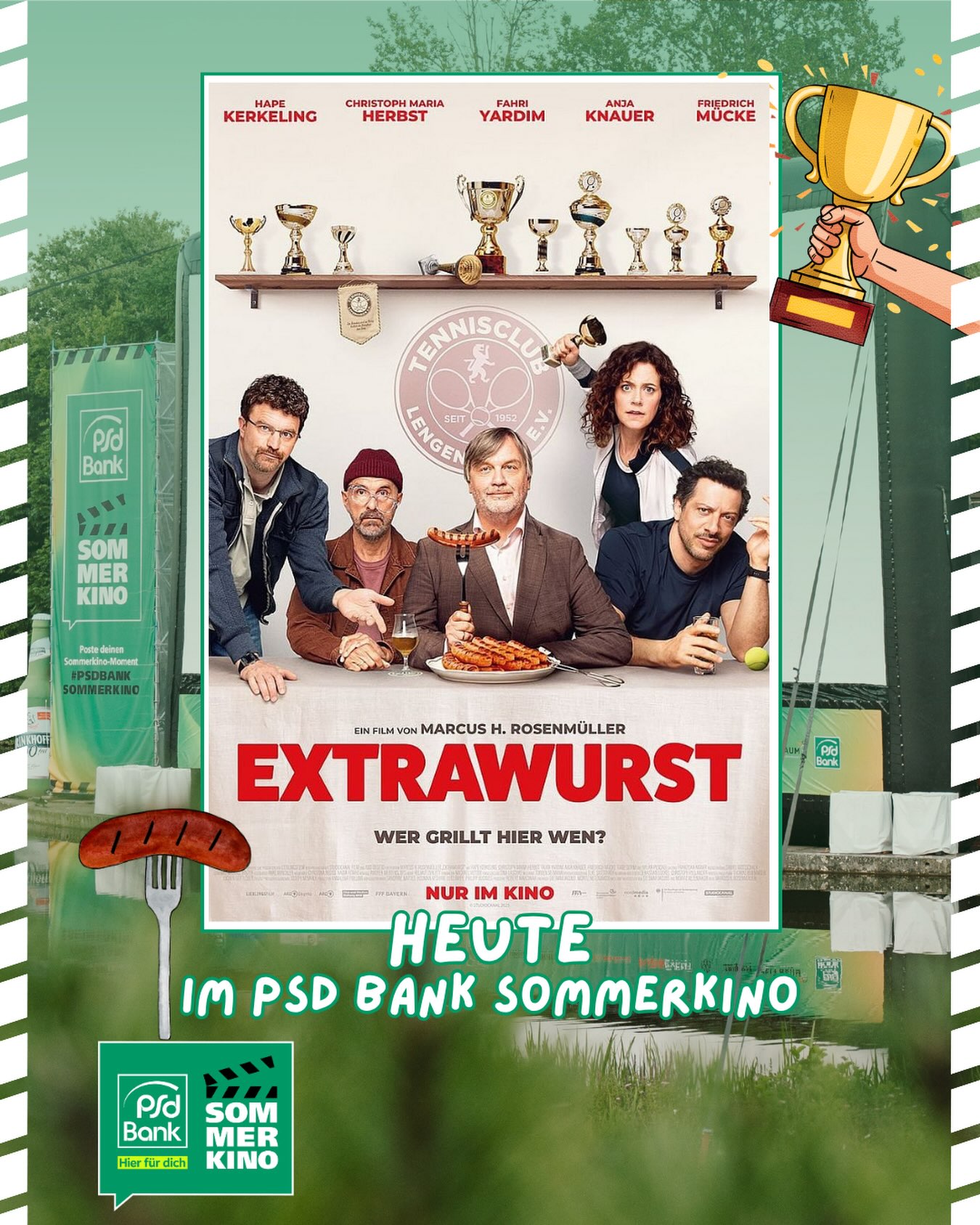 Heute eröffnen wir feierlich das diesjährige Sommerkino 🍿
Der Film für heute: EXTRAWURST 💚

In einem Tennisverein führt die geplante Neuanschaffung eines Grills zu einer Diskussion über Integration, Leitkultur, Rücksichtnahme gegenüber Minderheiten und schließlich auch noch Identität und toxische Männlichkeit. Verschiedene Vereinsmitglieder nehmen in dieser stellvertretend für die bundesdeutsche Gesellschaft Standpunkte ein und wollen die Angelegenheit in ihrem Sinne klären 🎾

Wie sieht es aus? Kommst du vorbei?