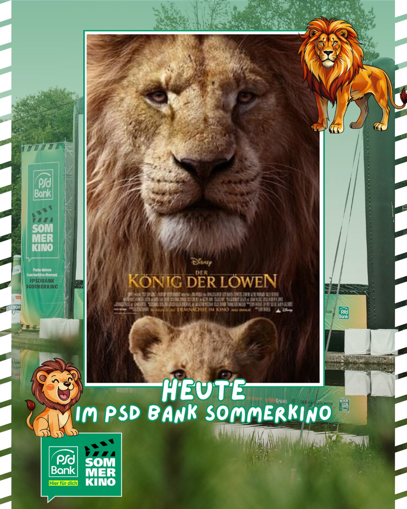 Heute im PSD Bank Sommerkino: DER KÖNIG DER LÖWEN 🦁 

Die Tiere Afrikas sind überglücklich, als mit dem Löwenjungen Simba der zukünftige König der Savanne geboren wird. Als Sohn von Mufasa (James Earl Jones) gehört diesem nämlich der rechtmäßige Thron. Doch Mufasas Bruder Scar (Chiwetel Ejiofor) erhebt seinen Anspruch und erschleicht ihn sich auf tückische Weise, woraufhin Simba ins Exil verbannt wird und seine Freundin Nala (Beyoncé Knowles-Carter) verlassen muss. Mit dem quirligen Erdmännchen Timon (Billy Eichner) und dem lebensfrohen Warzenschwein Pumbaa (Seth Rogen) findet Simba aber neue Freunde und Wegbegleiter, die ihm helfen, trotz der schweren Zeit unbeschwert heranzuwachsen. Doch seine Vergangenheit lässt ihn nicht los und als junger Löwenmann erkennt Simba (nun gesprochen von Donald Glover), dass er in die Steppe zurückkehren und den Kampf mit Scar aufnehmen muss, um seinen rechtmäßigen Platz auf dem Thron zurückzuerobern 🦁

Kommst du vorbei?