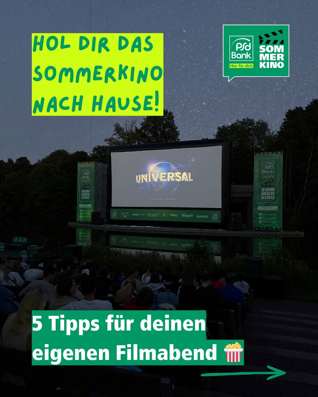 🍿 Noch zu lange bis zum Sommerkino?

Bis wir uns im Sommer wieder im Westfalenpark treffen und gemeinsam Filme unter freiem Himmel schauen, dauert es zwar noch ein bisschen. Aber das Sommerkino-Feeling kann man sich auch ganz einfach nach Hause holen.

Mit ein paar kleinen Tricks wird aus einem normalen Filmabend schnell ein kleines Sommerkino. Die richtigen Snacks, gemütliche Plätze, ein bisschen Atmosphäre und natürlich ein Film, der Lust auf einen langen Sommerabend macht. 🎬✨

Wir haben euch ein paar Ideen zusammengestellt, wie ihr euch euren eigenen Sommerkinoabend zu Hause gestalten könnt.

Und jetzt sind wir neugierig: Welcher Film gehört für euch zu einem perfekten Filmabend? 🍿

📅 15. Juli bis 23. August 2026
📍 Westfalenpark Dortmund

#psdbanksommerkino #sommerkino #dortmund #westfalenpark